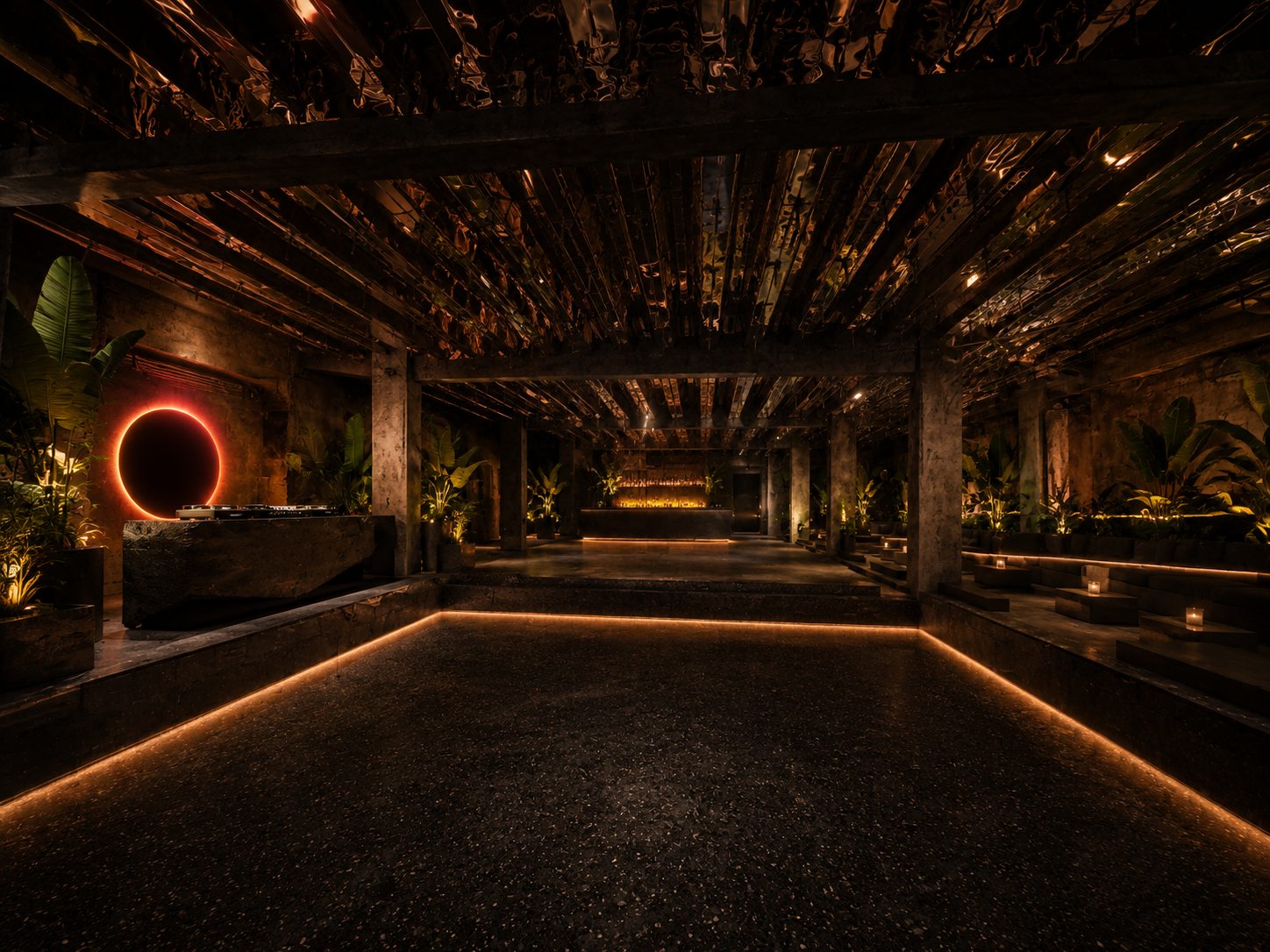 The DONDA club room: rim-lit sunken dance floor, raised stone bar under the glowing Eclipse ring, foliage against the concrete walls