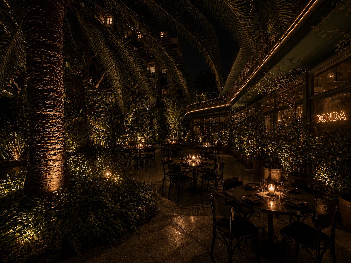 Render: the garden at night, candlelight under the palms