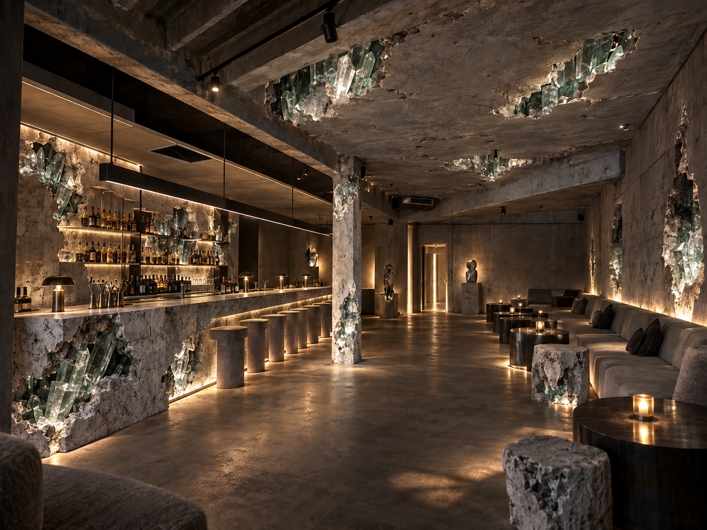 Speakeasy design render with an illuminated stone bar