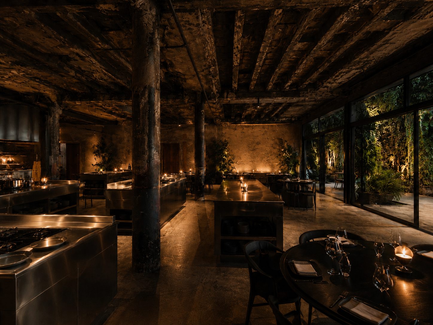 The DONDA dining room at night: steel kitchen islands among candlelit tables under timber joists and dark iron columns