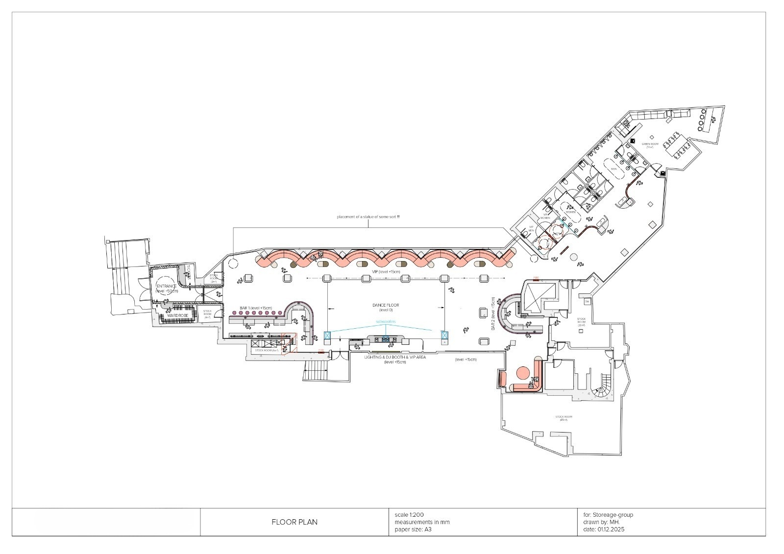 Architectural floor plan of the DONDA club: entrance and wardrobe at left, two bars, sunken dance floor, VIP banquette, lighting and DJ booth, green room and back-of-house at right